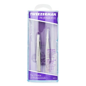 Professional Petite Tweeze Set: Slant Tweezer + Point Tweezer - (With Lavendar Leather Case) (2pcs) 