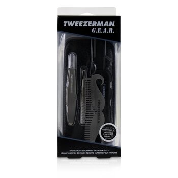 Tweezerman G.E.A.R. Travel Tool Essentials Set: Mini Slant Tweezer + Mini Skin Care Tool + Moustache Comb + Precision Folding Razor + Mappe 4pcs+1 Bag