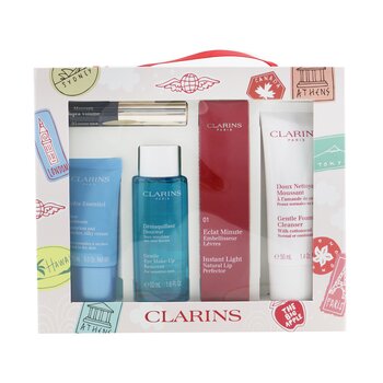 Clarins With Love From Suitcase Set (1x Eclat Minute Instant Light Natural Lip Perfector - #01, 1x Gentle Foaming Cleanser, 1x Gentle Eye Makeup Remover, 1x Cream, 1x Supra Volume Mascara) (5pcs) 