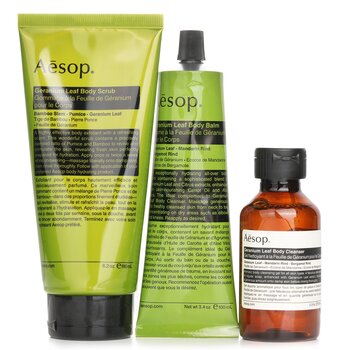 Aesop - Rousing Rhythms Set: Geranium Leaf Body Cleanser 100ml+Geranium Leaf Body Balm 100ml+Geranium Leaf Body Scrub 180ml Image 1