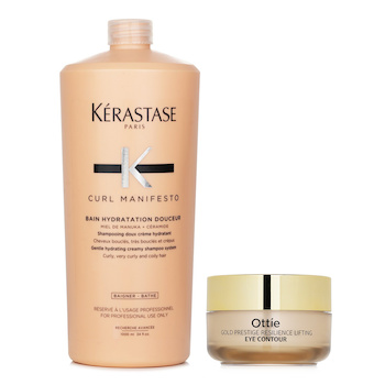 Kerastase Curl Manifesto Bain Hydratation Douceur Shampoo Gentle Creamy Shampoo - For Curly, Very Curly & Coily Hair (Salon Size) 1000ml X Ottie Gold Prestige Resilience Lifting Eye Contour 30ml (2pcs) 