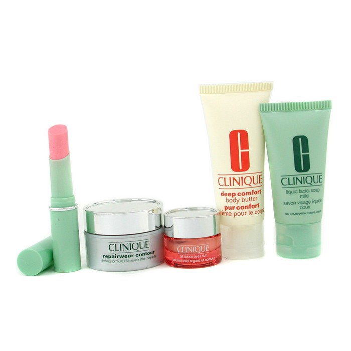 Clinique Travel Set: Liquid Facial Soap + Repairwear Contour + All About Eye Rich + Body Butter + Lipstick 5pcs+1bagProduct Thumbnail