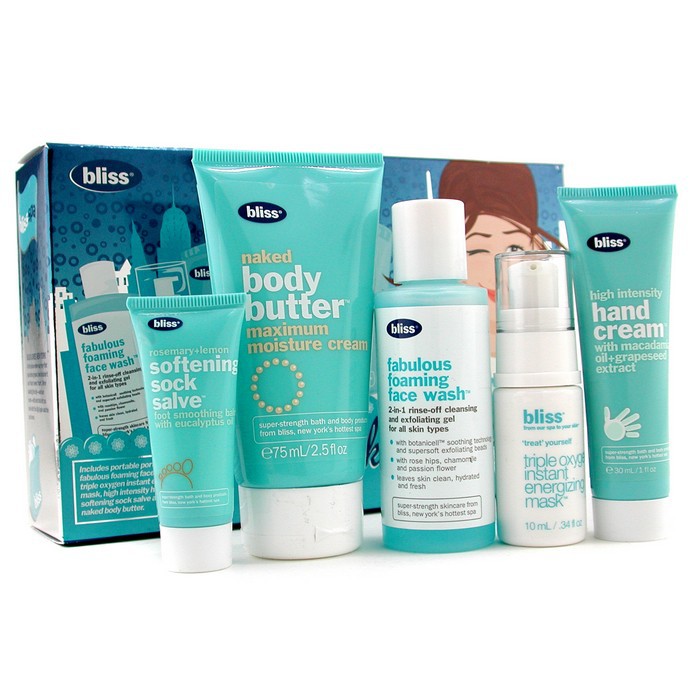 Bliss You Look Spa-Velous Set: Face Wash 60ml + Mask 10ml + Hand Cream 30ml + Sock Salve 10ml + Body Butter 75ml 5pcsProduct Thumbnail