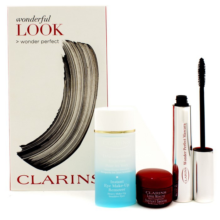 Clarins Wondeful Look Gift Set: Wonder Perfect Mascara + Eye Makeup Remover + Instant Smooth Perfecting Touch MakeUp Base 3pcsProduct Thumbnail