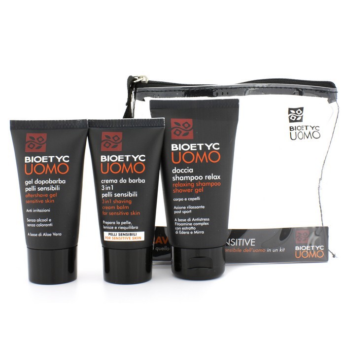 Bioetyc Uomo Travel Pack (Sensitive Skin): 3 in 1 Shaving Cream Balm 50ml + Aftershave Gel 50ml + Relaxing Shampoo Shower Gel 75ml 3pcsProduct Thumbnail