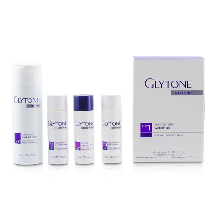 Glytone Rejuvenate System Kit: Gel Wash 200ml + Facial Lotion 60ml + Exfoliating Lotion 60ml + Peel Gel 60ml 4pcsProduct Thumbnail