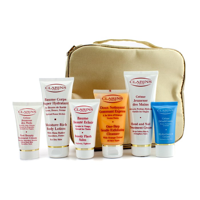 Clarins Face And Body Treasures: Hand & Nail Treatment + Beauty Flash Balm + Body Lotion + Cleanser + Foot Cream + HydraQuench Cream + Bag 6pcs+1bagProduct Thumbnail