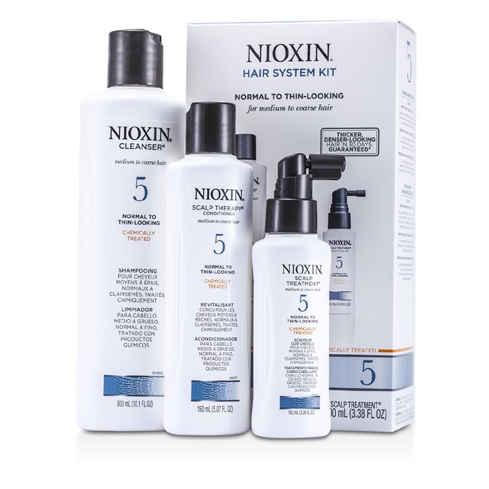 Nioxin ערכת מערכת 5 עבור שיער בינוני עד גס, טופל בכימיקלים, רגיל עד מראה מתדלדל: קלינסר + תרפיה לקרקפת + טיפול לקרקפת 3pcsProduct Thumbnail
