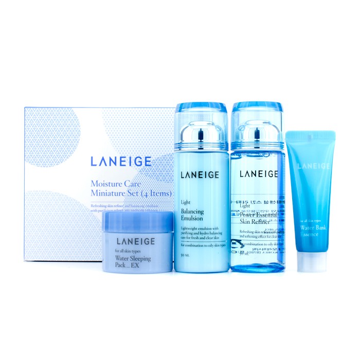 Laneige Moisture Care -miniatyyri (kevyt) setti: Skin Refiner -ihon hienontaja+ emulsio + Water Sleeping -pakkaus + esanssi 4pcsProduct Thumbnail