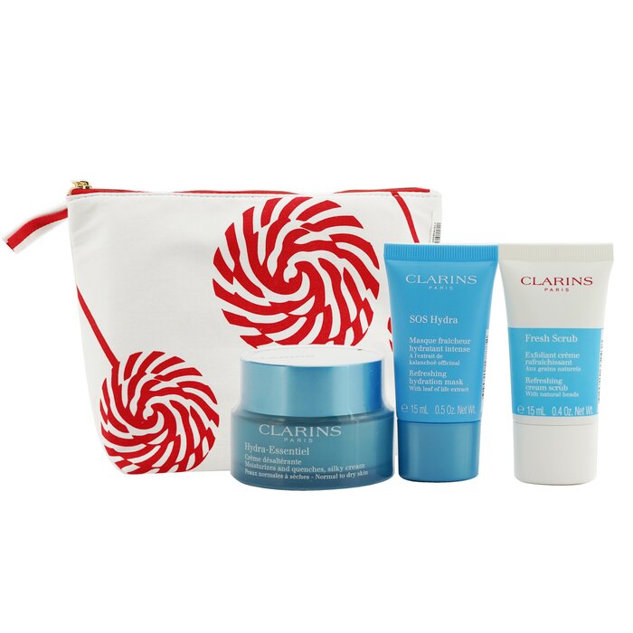 Clarins Hydration Essentials Gift Set: Hydra-Essentiel Silky Cream 50ml+ Fresh Scrub 15ml+ SOS Hydra Mask 15ml+ Pouch (Unboxed) 3pcs+1pouchProduct Thumbnail
