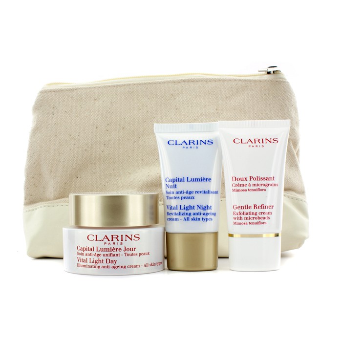 Clarins Kit Vital Light (p/ todos os tipos de pele): Creme diurno 50ml + Creme noturno 15ml + Creme Gentle Refiner 15ml + Necessaire 3pcs+1bagProduct Thumbnail