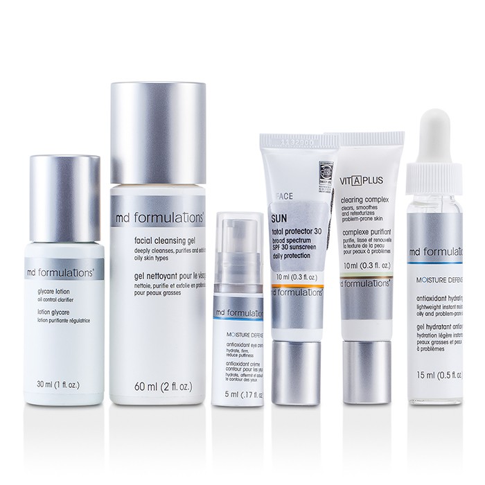 MD Formulations Anti-Blemish Solution Kit: Cleansing Gel 60ml + Glycare Lotion 30ml + Hydrating Gel 15ml + Clearing Complex 10ml + Total Protector 10ml + Eye Cream 5ml 6pcsProduct Thumbnail