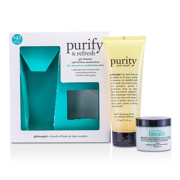 Philosophy Purify & Refresh Set: Purity Made Simple Facial Cleansing Gel & Eye Makeup Remover 225ml/7.5oz + Take A Deep Breath Oil-Free Energizing Oxygen Gel Cream Moisturizer 60ml/2oz 2pcsProduct Thumbnail