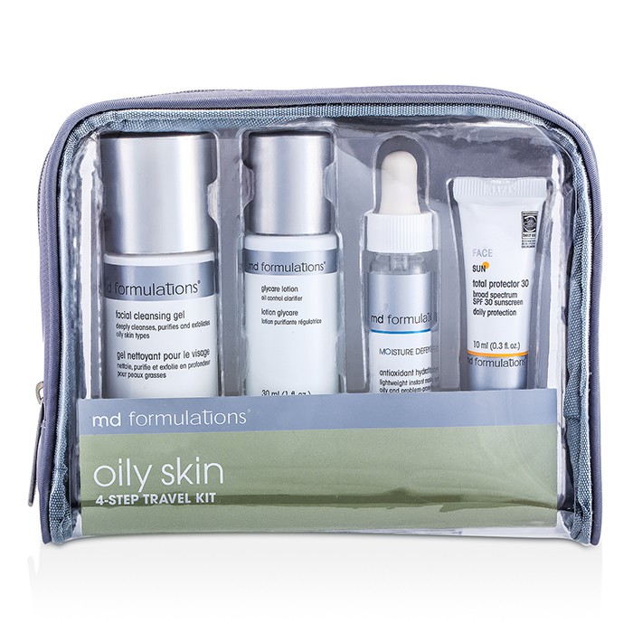 MD Formulations 4-Step Travel Kit (Oily Skin): Gel Limpiador + Glycare Loción + Gel Hidratante + Protector Solar + Bolso 4pcs+1bagProduct Thumbnail