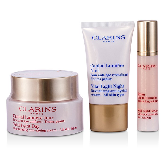 Clarins Vital Light Collection (All Skin Types): Day Cream-Krim Siang Hari 50ml + Night Cream-Krim Malam Hari 15ml + Serum 10ml + Tas 3pcs+1bagProduct Thumbnail