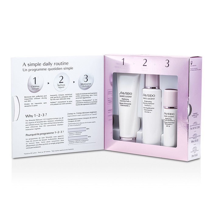 Shiseido White Lucent 1-2-3 Κιτ: Λαμπερό Μαλακτικό Εξισορρόπησης Εμπλουτισμένο 100ml + Λαμπερός Καθαριστικός Αφρός 75ml + Λαμπερό Προστατευτικό Γαλάκτωμα Δείκτη Προστασίας SPF15 30ml 3pcsProduct Thumbnail
