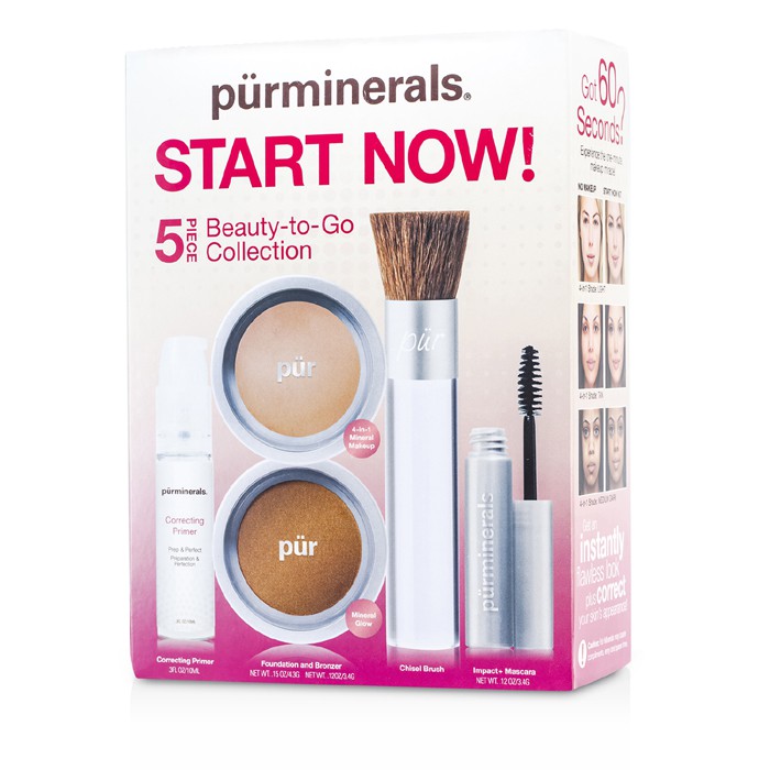 PurMinerals Start Now 5 Piece Beauty To Go Collection (Primer, Presset Pudder, Mineralglød, Mascara, Meiselbørste) 5pcsProduct Thumbnail
