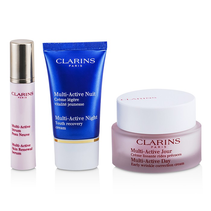 Clarins Multi-Active Set: Day Cream-Krim Siang Hari 50ml + Night Cream-Krim Malam Hari 15ml + Skin Renewal Serum 10ml + Tas 3pcs+1bagProduct Thumbnail