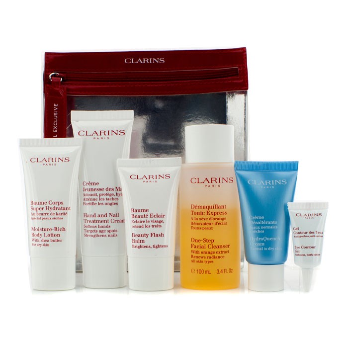 Clarins Set Take-Off Essentials: Limpiador Facial + HydraQuench Crema + Beauty Flash Bálsamo + Loción Corporal + Crema de Manos + Gel de Ojos 6pcsProduct Thumbnail
