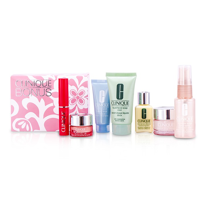 Clinique Travel Set: Liquid Soap + Face Spray + DDML + Turnaround Mask + Moisture Surge + Eye Cream + Lipstick (Flirty Honey) 7pcsProduct Thumbnail