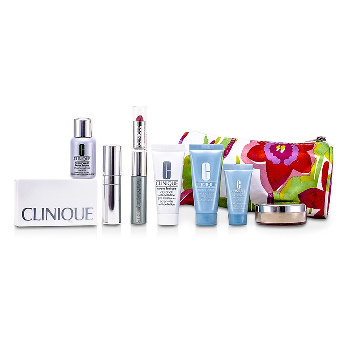 Clinique Travel Set: Laser Focus + City Block + Turnaround Mask + Concentrate + Face Powder #20 + 4 Colors Eye Shadow + Mascare & Lipstick #43 + Brush + Bag 8pcs+1bagProduct Thumbnail