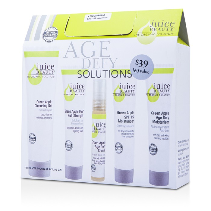 Juice Beauty Age Defy Solutions: Rensegele 60ml + Fuktighetskrem 15ml + Fuktighetskrem SPF 15 15ml + Grønn eple peel 15ml + Serum 7ml (Utløpsdato: 07/2015) 5pcsProduct Thumbnail