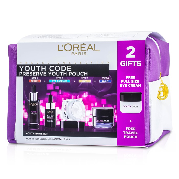 L'Oreal Youth Code Preserve Youth Pouch: Night Cream 50ml + Day Cream 50ml + Serum 30ml + Eye Cream 15ml + Eye Essence 15ml + Bag 5pcs+1bagProduct Thumbnail