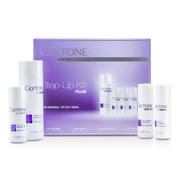 グライトーン Glytone Step-Up Kit Plus (For Normal to Oily Skin): Gel Wash 200ml + Facial Lotion 60ml + Exfoliating Lotion 60ml + Peel Gel 60ml 4pcsProduct Thumbnail