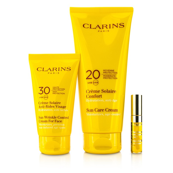 Clarins Beach Beauty Kit: Sun Wrinkle Control Cream for Face 30 UVB/UVA 75ml+Sun Care Cream 20 UVB/UVA 200ml+Lip Comfort Oil 2.8ml 3pcsProduct Thumbnail