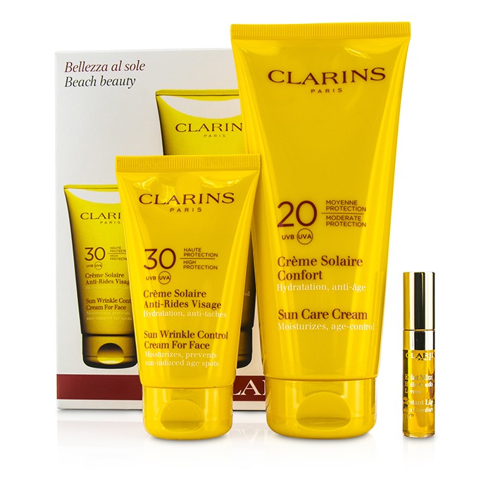 Clarins Beach Beauty Kit: Sun Wrinkle Control Cream for Face 75ml + Sun Care Cream 200ml + Lip Comfort Oil 2.8ml 3pcsProduct Thumbnail