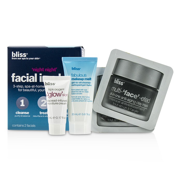 Bliss ชุด 'Night Night' Facial In A Box: ทำความสะอาด Makeup melt gel-to-oil Cleanser 20ml + มาสก์โคลน Clay Mask 2x4g + ครีม Triple Oxygen Moisture Cream 5ml 4pcsProduct Thumbnail