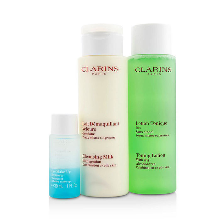 Clarins סט ניקוי לעור מעורבאו שומני: חלב ניקוי 200 מל + תחליב טונר 200 מל + מסיר איפור לעיניים 30 מל +תיק 3pcs+1bagProduct Thumbnail