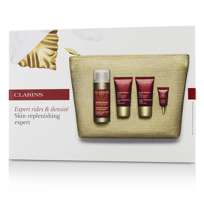 クラランス Clarins Skin-Replenishing Expert Set: Double Serum 30ml + Super Restorative Day Cream 15ml + Night Cream 15ml + Eye Concentrate 3ml + Bag 4pcs+1bagProduct Thumbnail