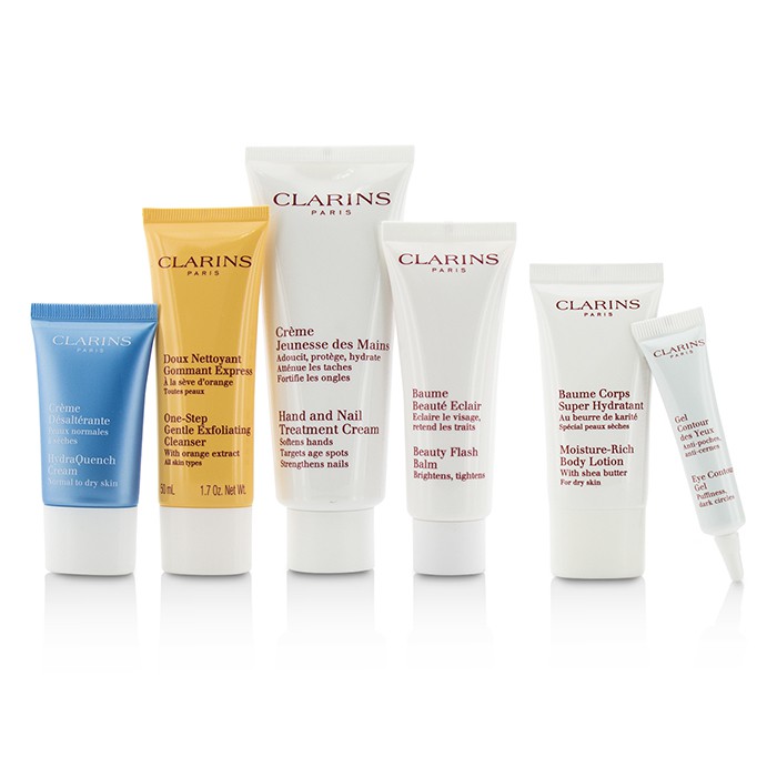 Clarins 克蘭詩 (嬌韻詩) 華麗出走套裝：晶瑩美顏霜 50ml + 玉手修護霜 100ml + 潔淨磨砂霜 50ml + 眼部修護啫喱 10ml + 保濕霜 15ml + 柔潤身體乳 30ml + 袋 6件+1袋Product Thumbnail