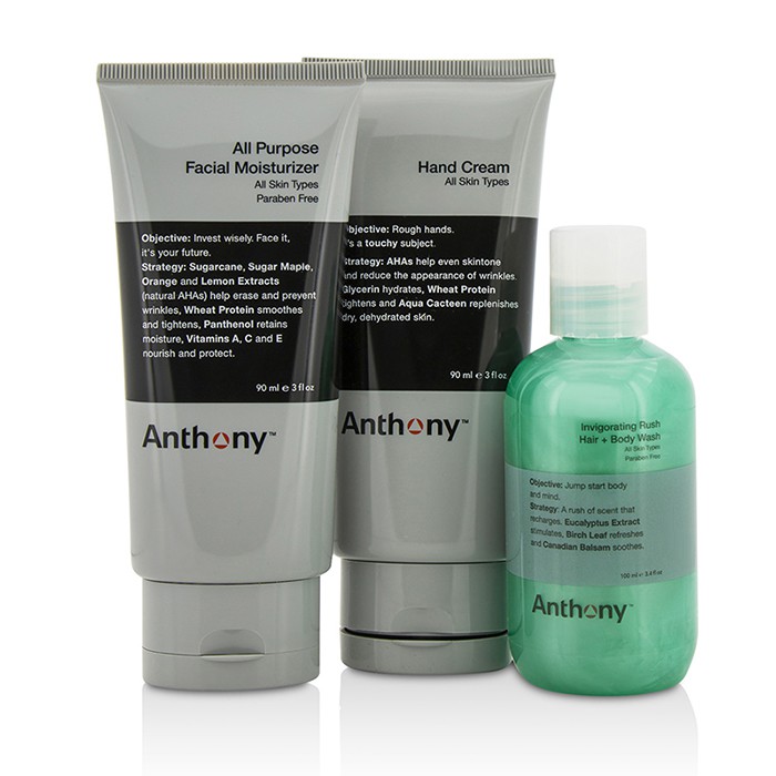 アンソニー Anthony Moisture On The Go Kit: All Purpose Facial Moisturizer 90ml + Invigorating Rush Hair & Body Wash 100ml + Hand Cream 90ml 3pcsProduct Thumbnail