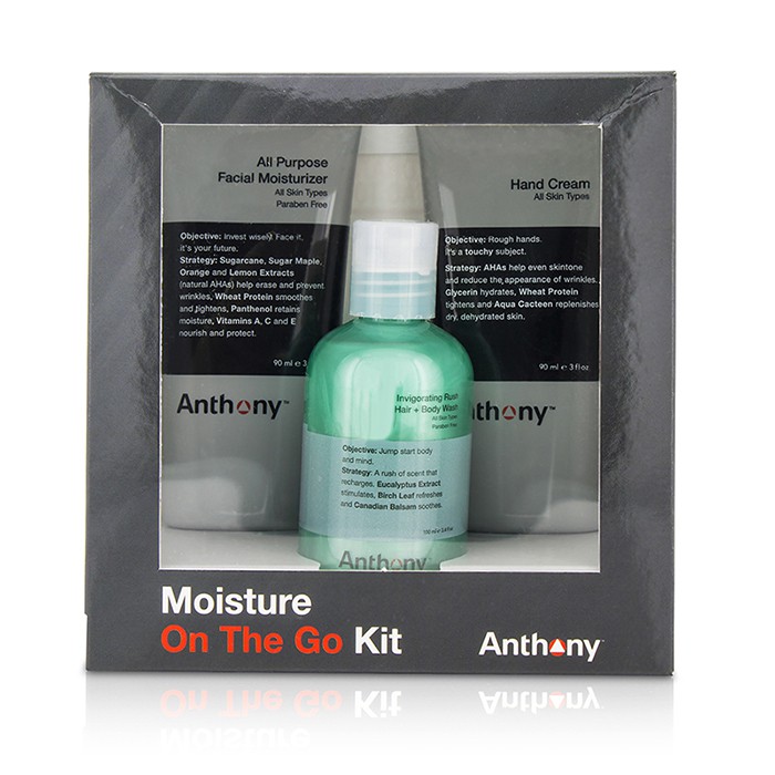 アンソニー Anthony Moisture On The Go Kit: All Purpose Facial Moisturizer 90ml + Invigorating Rush Hair & Body Wash 100ml + Hand Cream 90ml 3pcsProduct Thumbnail