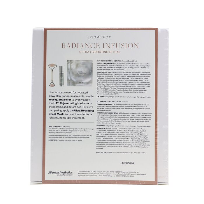 Skin Medica Radiance Infusion Ultra Hydrating Ritual Set: HA Rejuvenating Hydrator 28.4g + Ultra Hydrating Sheet Mask 2pcs + Rose Quartz Roller  4pcsProduct Thumbnail