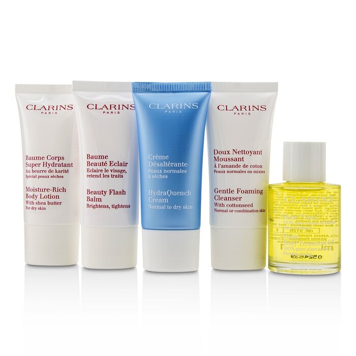 Clarins French Beauty Box: 1x Cleanser 30ml, 1x HydraQuench Cream 30ml, 1x Beauty Flash Balm 30ml, 1x Body Treatment Oil, 1x B/L 5pcsProduct Thumbnail