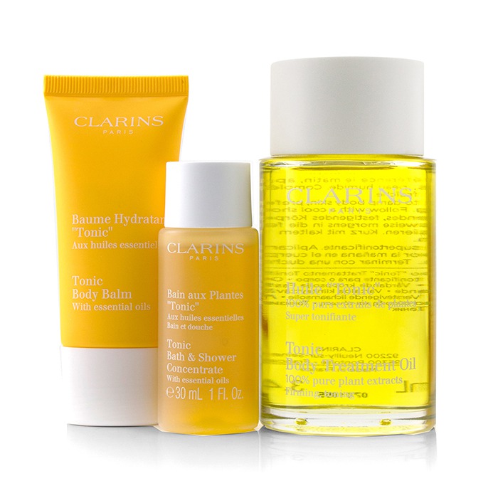 Clarins At-Home Pampering Body Kit: 1x Tonic Body Treatment Oil, 1x Bath & Shower Concentrate, 1x Tonic Body Balm 3pcsProduct Thumbnail