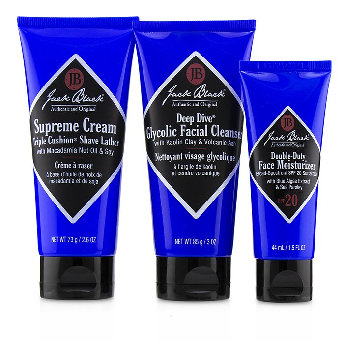 Jack Black Shave Essentials Kit: Deep Dive Glycolic Facial Cleanser + Supreme Cream Triple Cushion Shave Lather + Double Duty Face Moisturizer SPF20 3pcs+1BagProduct Thumbnail