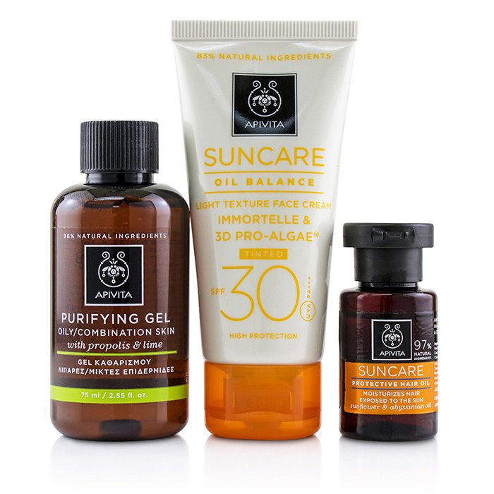 Apivita Suncare Set: Suncare Oil Balance Face Cream SPF 30 - Tint 50 ml + Purifying Gel 75 ml + Protective Hair Oil 3pcs+1bagProduct Thumbnail
