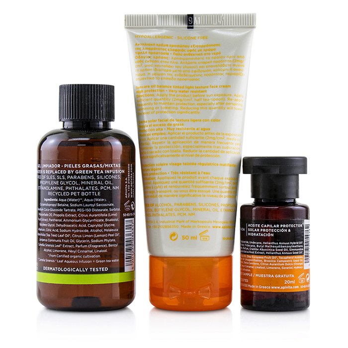 Apivita Suncare Set: Suncare Oil Balance Face Cream SPF 30 - Tint 50 ml + Purifying Gel 75 ml + Protective Hair Oil 3pcs+1bagProduct Thumbnail