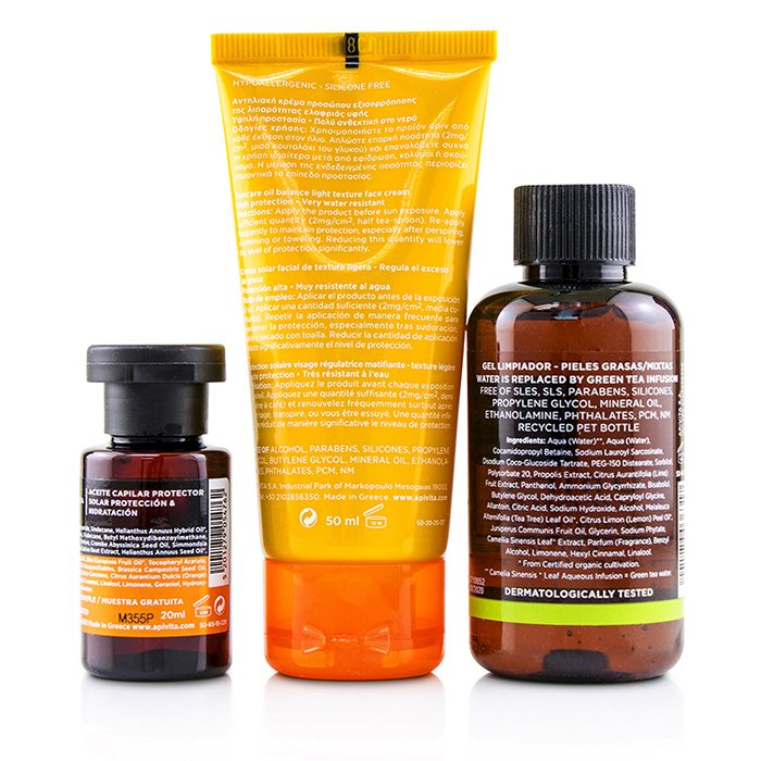 Apivita Suncare Set: Oil Balance Face Cream SPF 30 50 ml + Purifying Gel 75 ml + Protective Hair Oil 20 ml 3pcs+1bagProduct Thumbnail