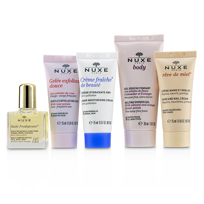 ニュクス Nuxe My Beauty Essentials Set: Gentle Exfoliating Gel+48HR Moisturising Cream+Multi Usage Dry Oil+Hand & Nail Cream+Shower Gel+Bag 5pcs+1bagProduct Thumbnail