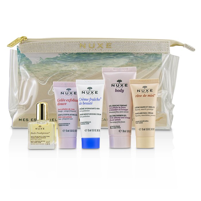 ニュクス Nuxe My Beauty Essentials Set: Gentle Exfoliating Gel+48HR Moisturising Cream+Multi Usage Dry Oil+Hand & Nail Cream+Shower Gel+Bag 5pcs+1bagProduct Thumbnail
