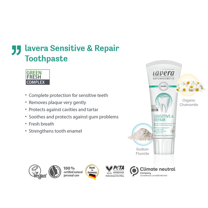 Lavera Crema Dental (Sensible & Reparación) - Con Manzanilla Orgánica & Floruro de Sodio 75ml/2.5ozProduct Thumbnail