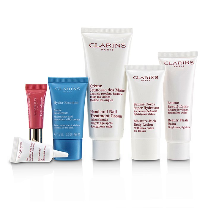 Clarins Week-End Essentials: Hand & Nail Cream+Beauty Flash Balm+Moisture-Rich Body+Eye Contour Gel+Hydra-Essentiel Cream+Lip 6pcs+1bagProduct Thumbnail