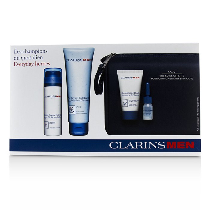 Clarins Men Everyday Heroes Set: 1x Exfoliating Cleanser 125 ml + 1x Super Moisture Balm 50 ml + Shampoo & Shower 30 ml + Shave Ease 3 ml 4pcsProduct Thumbnail