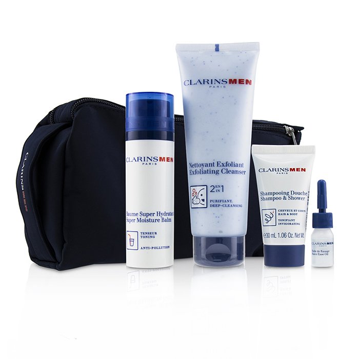 Clarins Men Everyday Heroes Set: 1x Exfoliating Cleanser 125ml + 1x Super Moisture Balm 50ml + Shampoo & Shower 30ml + Shave Ease 3ml 4pcsProduct Thumbnail
