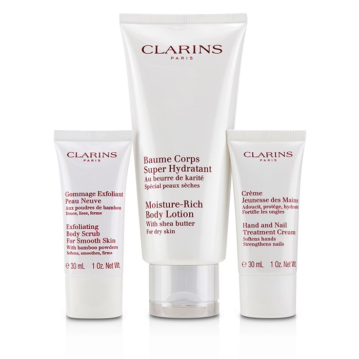 Clarins Body Care Collection: Moisture-Rich Body Lotion 200ml+ Exfoliating Body Scrub 30ml+ Hand & Nail Treatment Cream 30ml 3pcs+1bagProduct Thumbnail